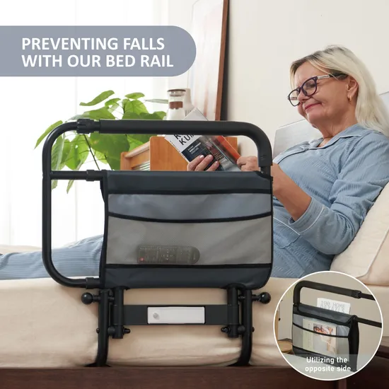 Safety Adjustable Bed Assist Rail with Storage Bag and Support Legs 